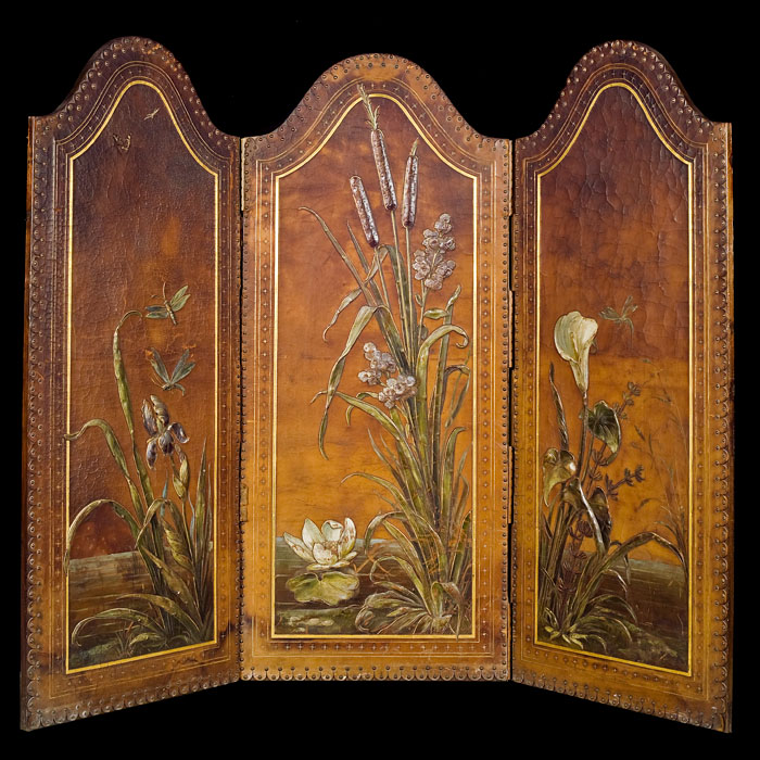 An embossed leather Victorian room screen