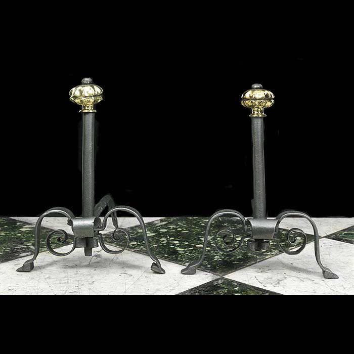 Cast Iron & Brass Baroque Style Andirons