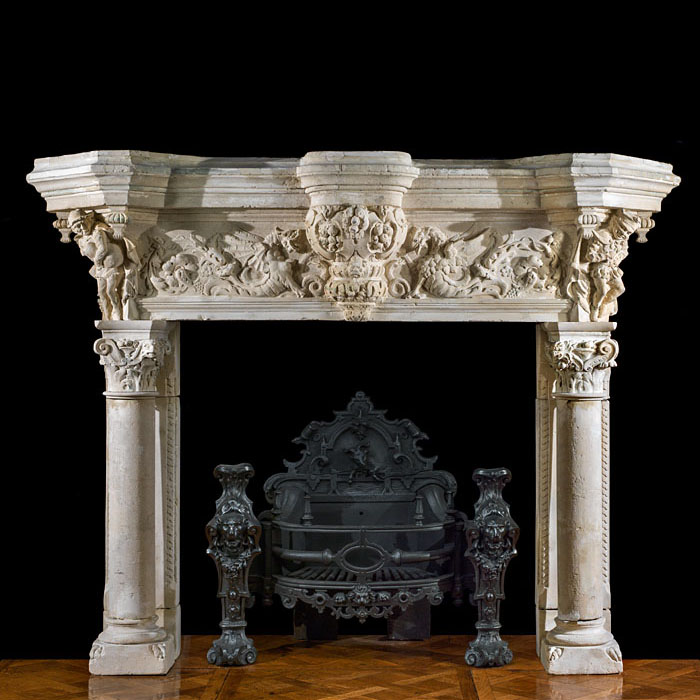  A Large Stone Renaissance Style Fireplace 