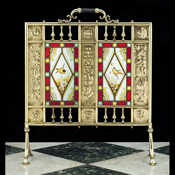 A very fine Aesthetic Movement brass and stained glass antique Firescreen 