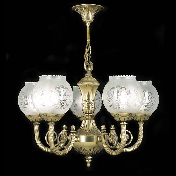 A 20th century five branch gilt brass Victorian style chandelier 