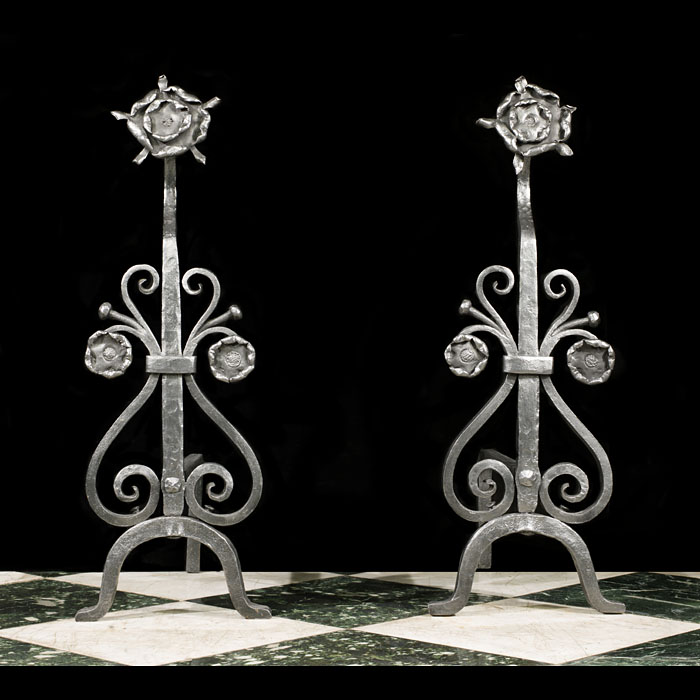 A Pair of Arts & Crafts Wrought Iron Andirons