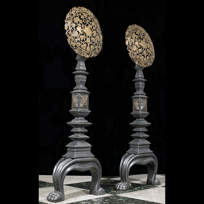 Large Pair of cast iron and Bronze Andirons 