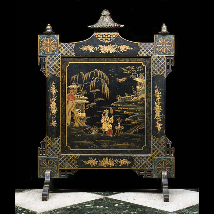A Chinoiserie styled Edwardian lacquered fire screen    