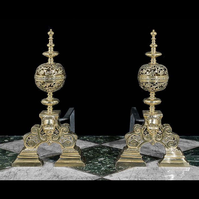 Pair of Tall Baroque Style Brass Andirons