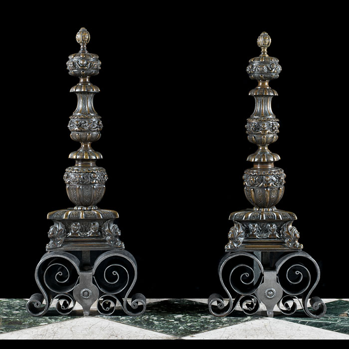 A pair of Baroque style bronze andirons