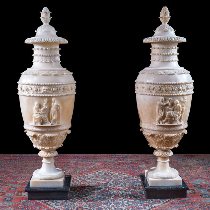 Pair of Exceptional Alabaster Bartolini Urns 