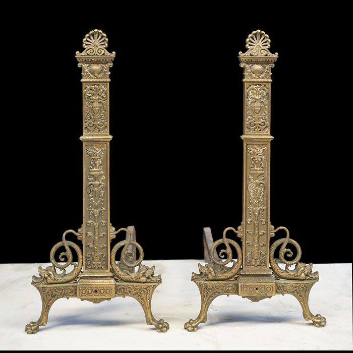 Large Renaissance Revival Andirons in Brass 