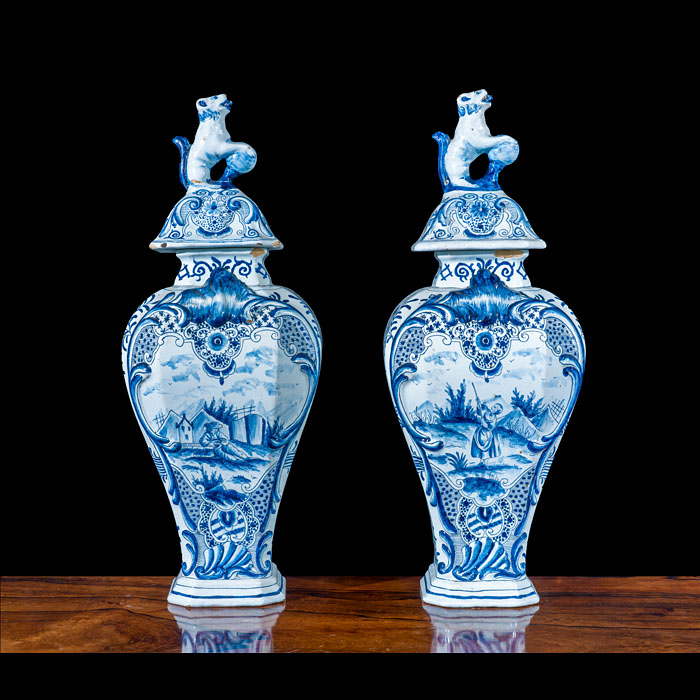 Pair of 18th century Delft Vases with Covers 