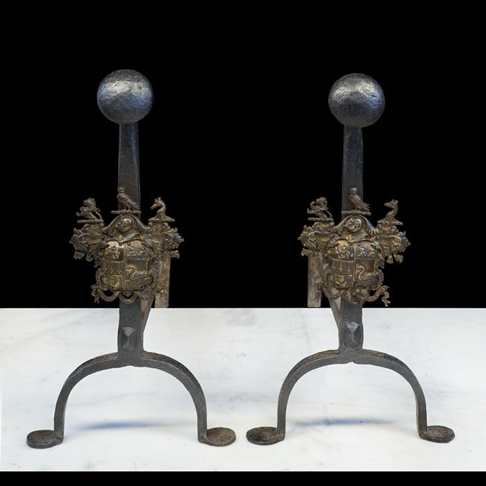 Pair of Heraldic Andirons with Crest 