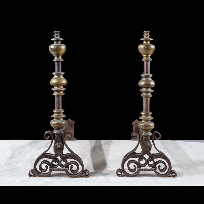 Rare Renaissance Wrought Iron and Brass Andirons 