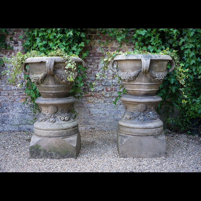 Fine Pair of Doulton Lambeth Buff Terracotta Garden Urns 