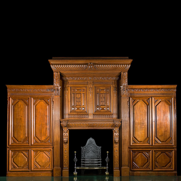 French Carved Oak Fireplace and Overmantel     