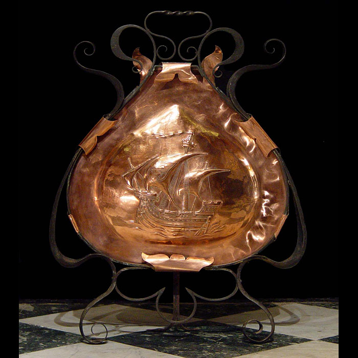 An Art Nouveau Copper Galleon Fire Screen
