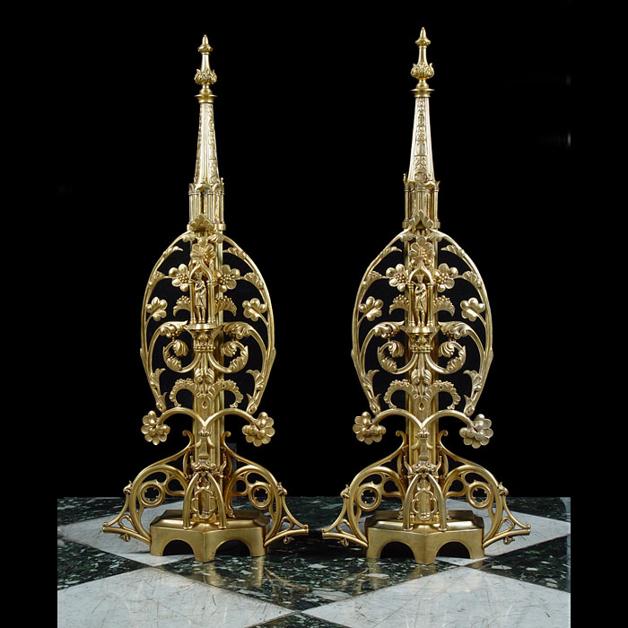 High Gothic Revival Gilt Bronze Andirons 